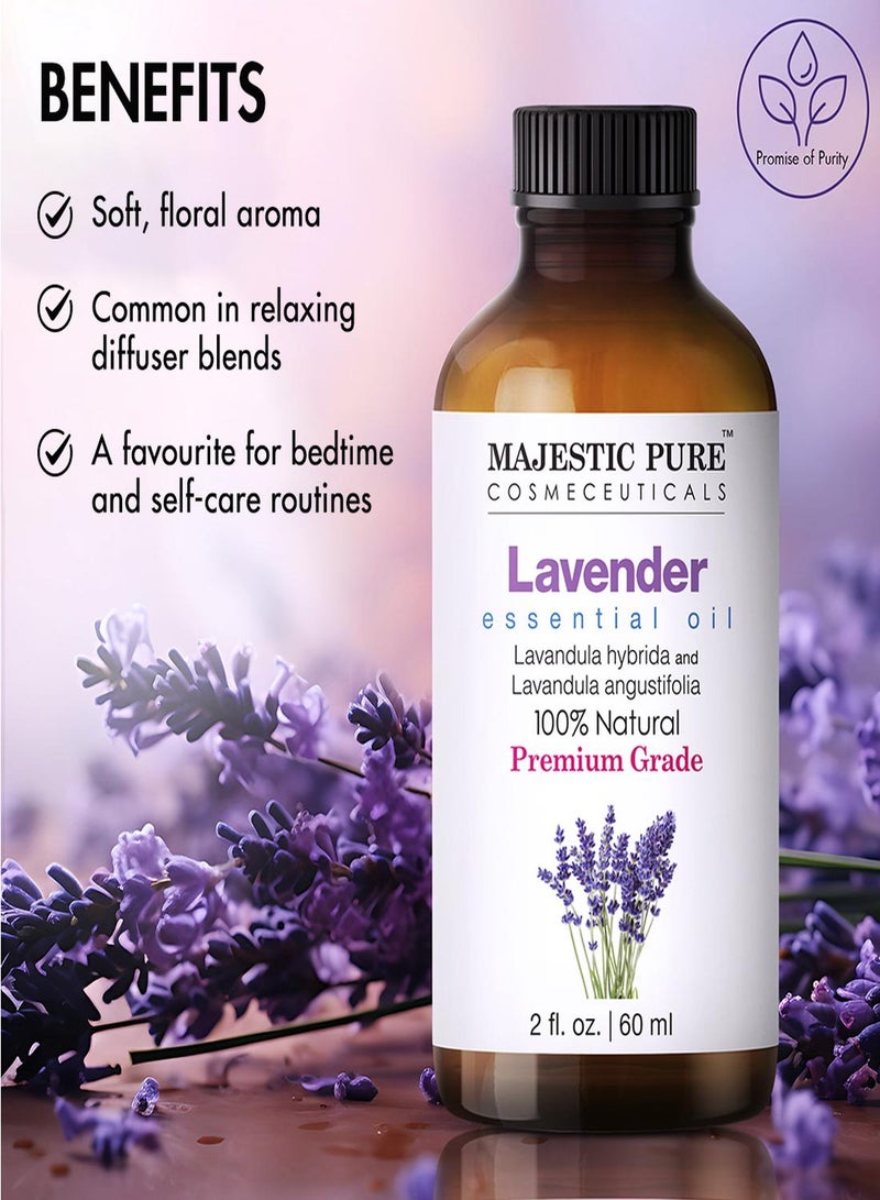 Majestic Pure زيت أساسي مع قطارة زجاجية - 100% نقي وطبيعي - زيوت أساسية للناشر، العلاج بالروائح، صناعة الصابون والشمع، زيت اللافندر، زيت اللافندر، 2 أونصة سائلة - Image 1